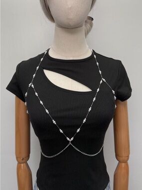 Pearl Body Chain Silver Beaded Body Jewelry Y2K Layered Chest Chain Adjustable